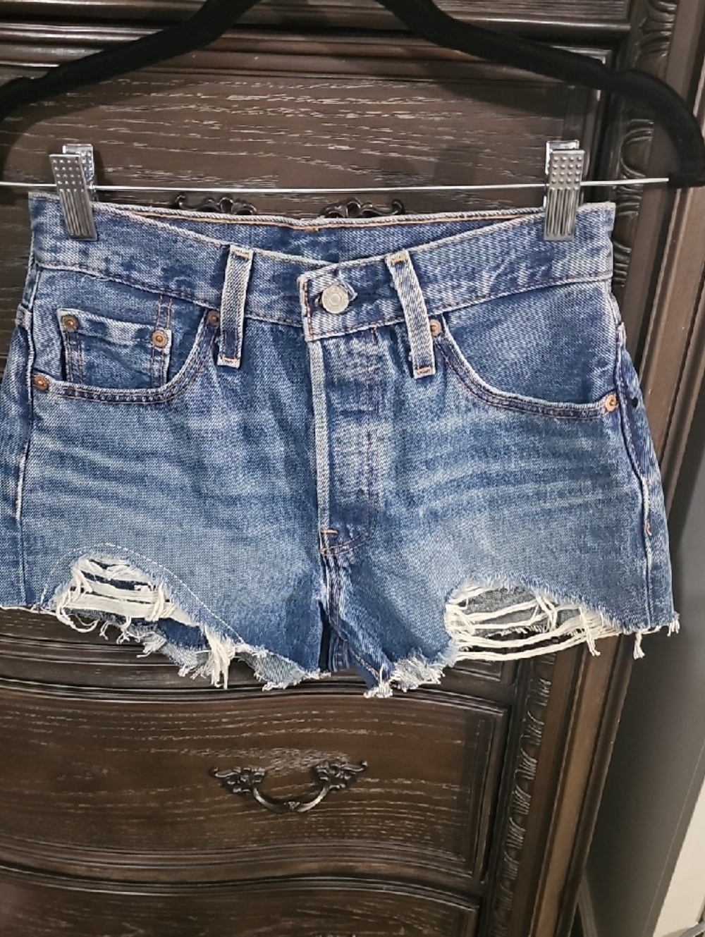 Levis 501 Original High‎ Rise Distressed Denim Shorts Medium Wash Blue Cut Offs